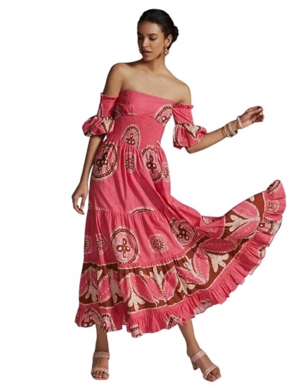 LOVE THE LABEL Anthropologie Pink Paisley Dress Off The Shoulder Maxi Size Small